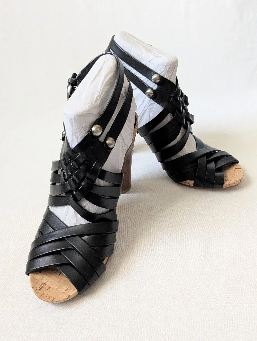 Coach Black Leather Adrienn Strappy Block Heel Cork Sandals 6.5